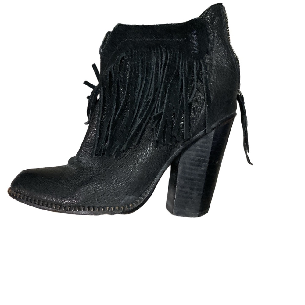 CYNTHIA VINCENT Black Leather Fringe Boots